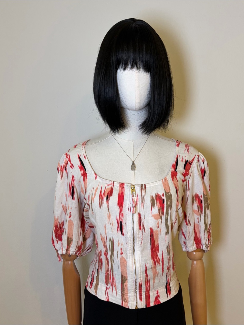 DKNY Linen Blend Zip-Front Blouse XL Abstract Print